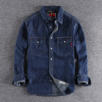 Wiaofellas Denim Shirt Men Cotton Jeans Shirt American Retro Washed Fashion Pocket Slim Long Sleeve Cowboy Shirt Stylish Slim Tops Shirts